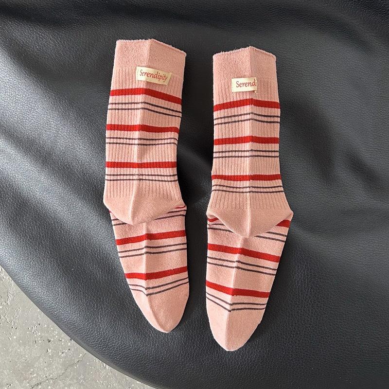 Female Autumn New Style Casual All Match Color Stripe Cloth Mark Sports Tube Stack Socks