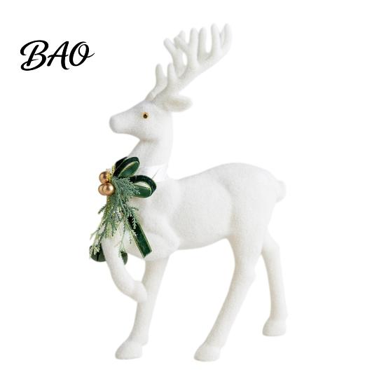 Minimalist White Flocked Ornaments Elk Ornament, Ribbon Bell Decor 3D Standing Deer Indoor Holiday Atmosphere Figurine, Decorative Accents for
