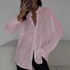 Dames Blouse Revers Lange Mouw Glanzende Pailletten Blouse Tops Losse Pasvorm Verborgen Knoop Cardigan Blouse Nachtclub Partykleding