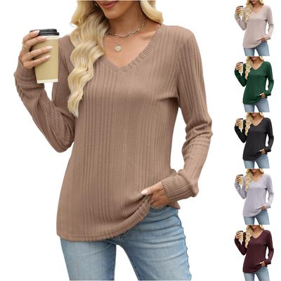 Women's Fashionable Solid Color V-neck Long Sleeved Casual Loose Top