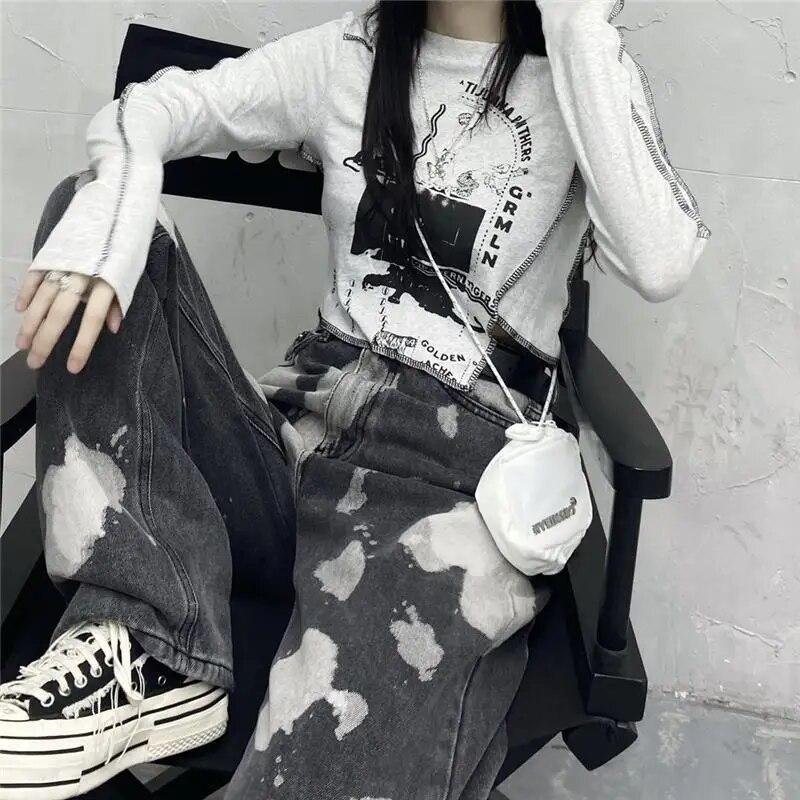 VAYLA Gothic Goth Style Tshirt Women Autumn Long Sleeve Grunge Crop Tops Vintage T-shirt Harajuku Tees Streetwear Clothes Punk