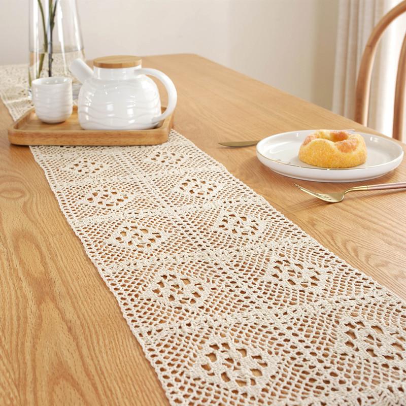 Amazon Retro Pastoral Crochet Knitted Hollow Table Cloth Lace Tassel Table Flag Tablecloth Custom