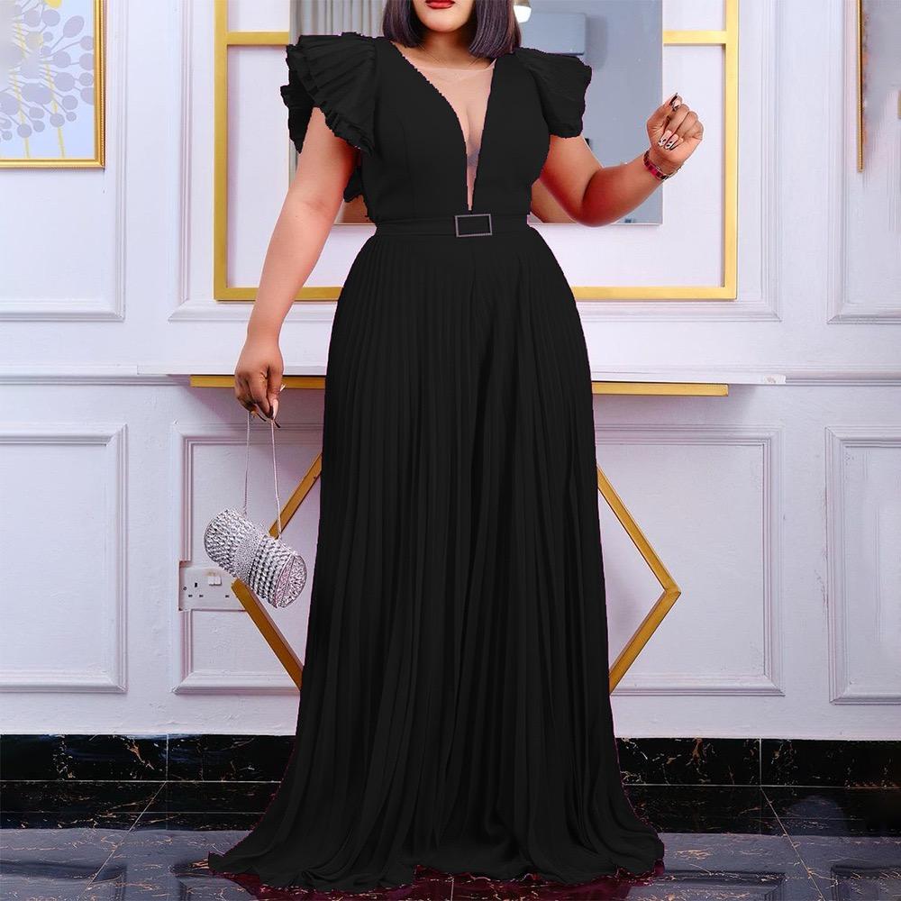 Luxury Pleated Jumpsuits Rompers Women Sexy V Neck Ruffles Sleeve Belt Waisted Floor Length Elegant Overalls