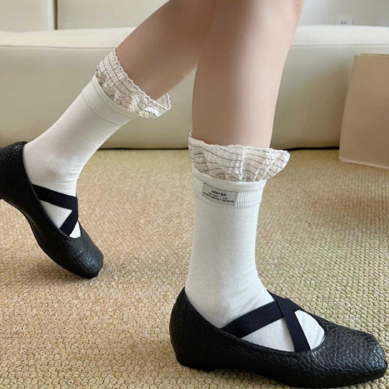 Spring and Summer Women's Cotton Socks with Child-sized Tights, Decorative Edging, Chunky Stripes, Simple Style