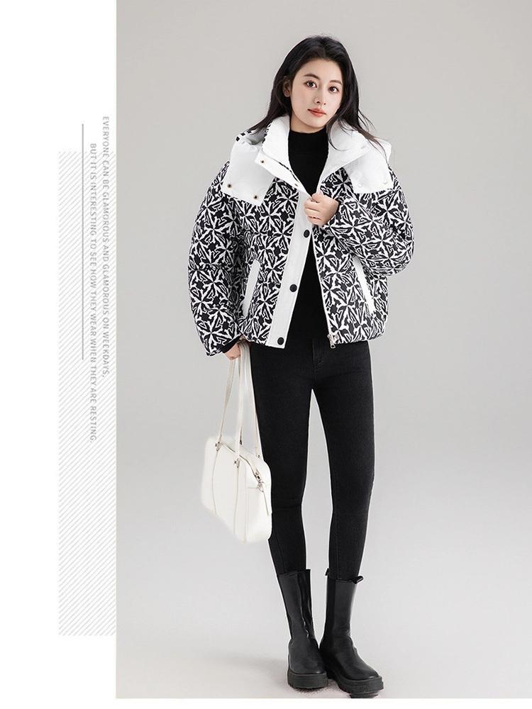 3D Printed Hooded Cotton-padded Jacket Women's Short Style