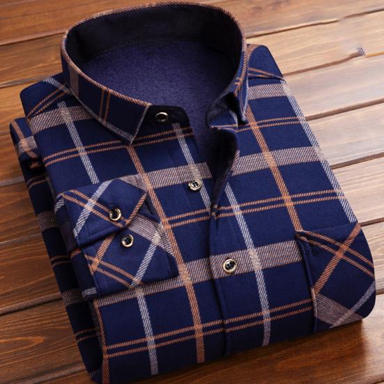 Hombres Otoño Invierno Camisa Color A Juego Estampado A Cuadros Felpa Gruesa Manga Larga Solapa Cárdigan De Un Solo Pecho Estilo Formal De Negocios Padre De Mediana Edad