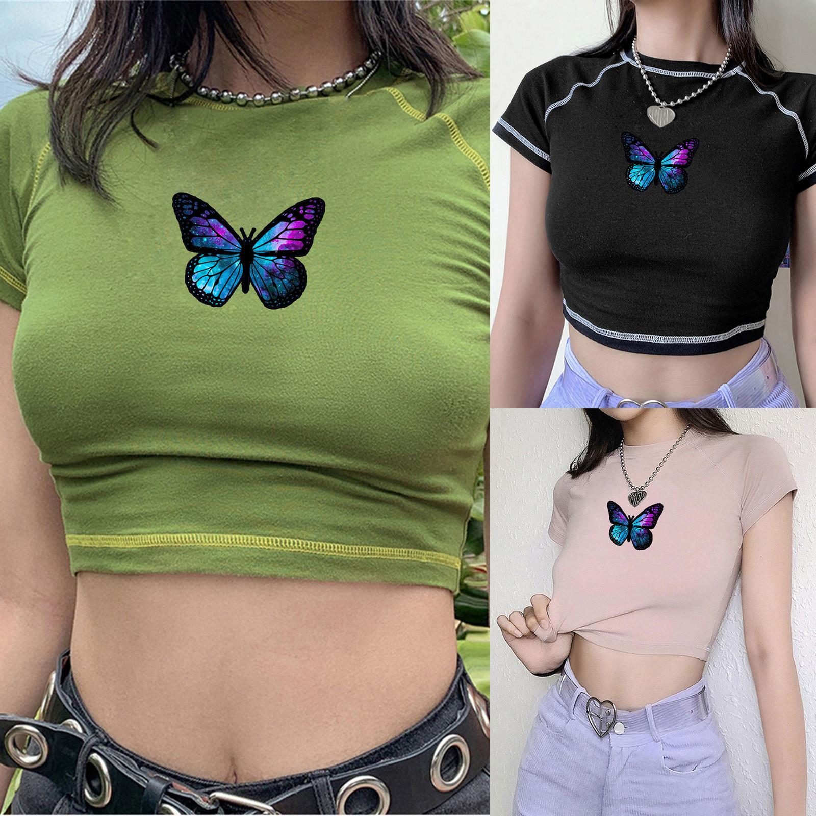 

Женская летняя модная сексуальная короткая блузка с принтом бабочки, футболка