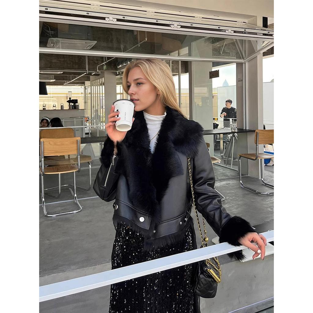 Fur one-piece short jacket, winter new style thickened warm motorcycle jacket