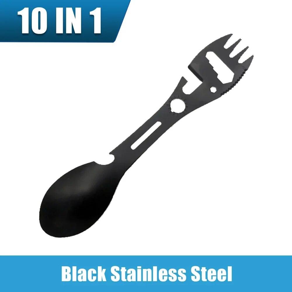 

Вилка для кемпинга, ложка из нержавеющей стали 10 в 1, встроенные столовые приборы, многофункциональный инструмент, открывашка для консервных банок, нож для бутылок, портативная посуда для пикника на открытом воздухе