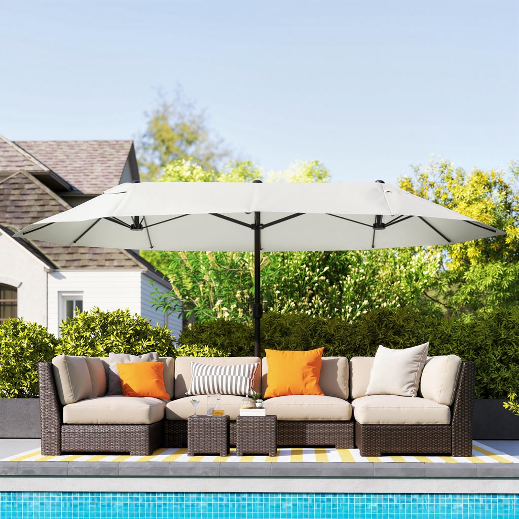 Double Garden Umbrella, 4.6 x 2.7 m, 12 Ribs, with Vents and Crank Handle. Beige