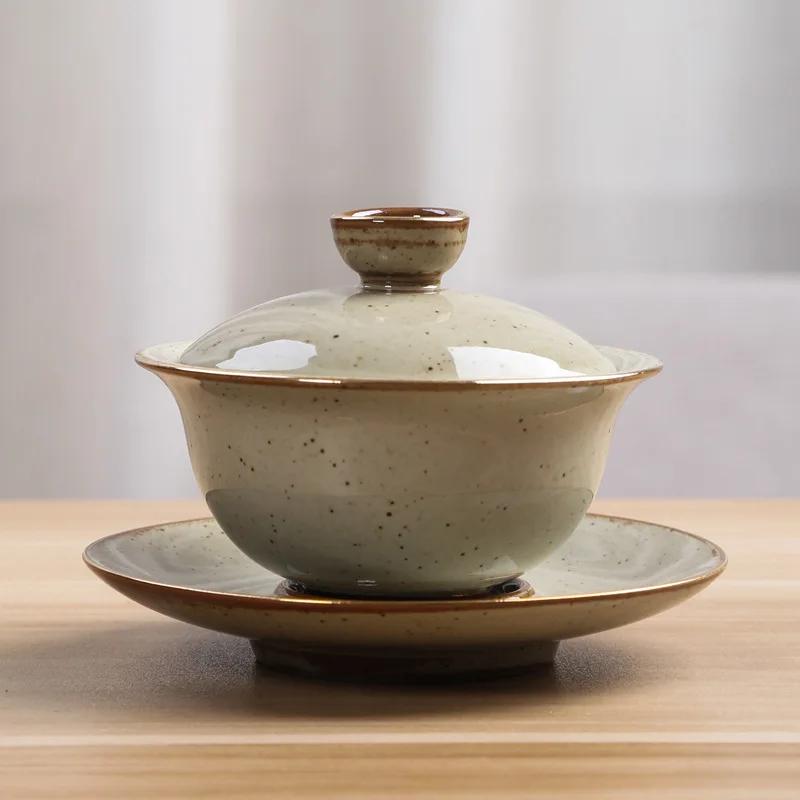 Stoneware Tea Bowl Gaiwan Tea Cup Three Pieces Tea Making Bowl Retro Domestic Kung Fu Tea Bowl Handmade Kung Fu Tea Set gaiwan