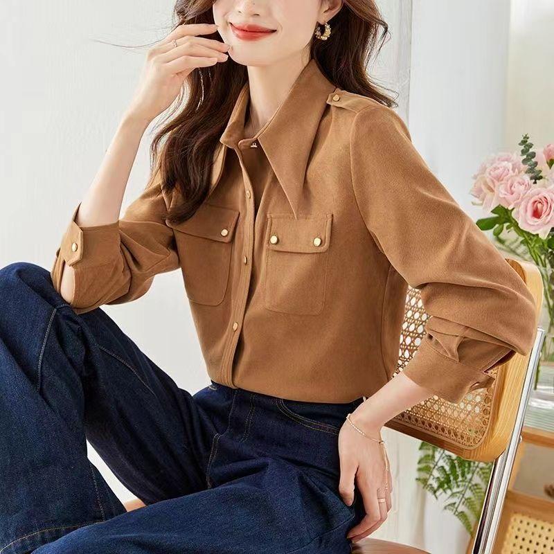 Retro Twill Furry Shirt Women Spring Autumn Casual Pointed Collar Gold Button Shirt Top