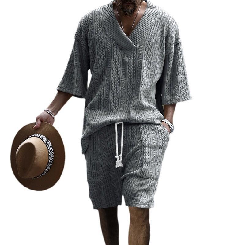 Yaz Rahat Şort Set Örme Iki Parçalı erkek Giyim V Yaka Kısa Kollu T-shirt ve Şort streetwear Örgü Kıyafetler