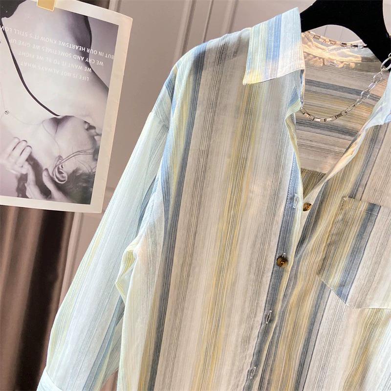 Spring and Autumn Cotton Hemp Contrast Stripe Irregular Split Long Sleeve Loose Shirt for Women