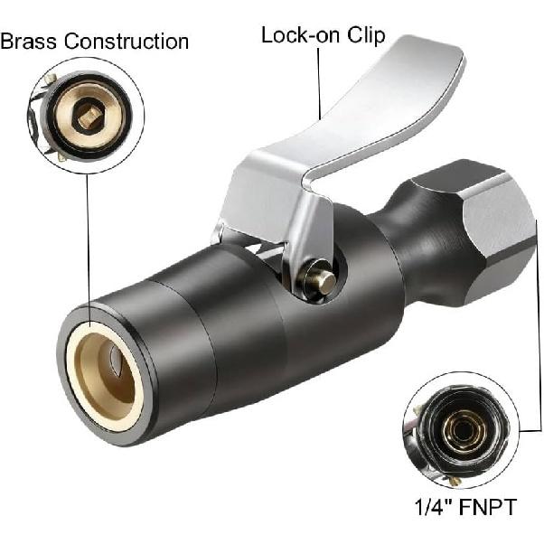 Air Chuck, No Leakage Double Jaws Lock-On Tire Inflator Chuck, Closed Flow Tire Chuck with Clip, Inflator Gauge & Air Compressor Accessories, 1/4"