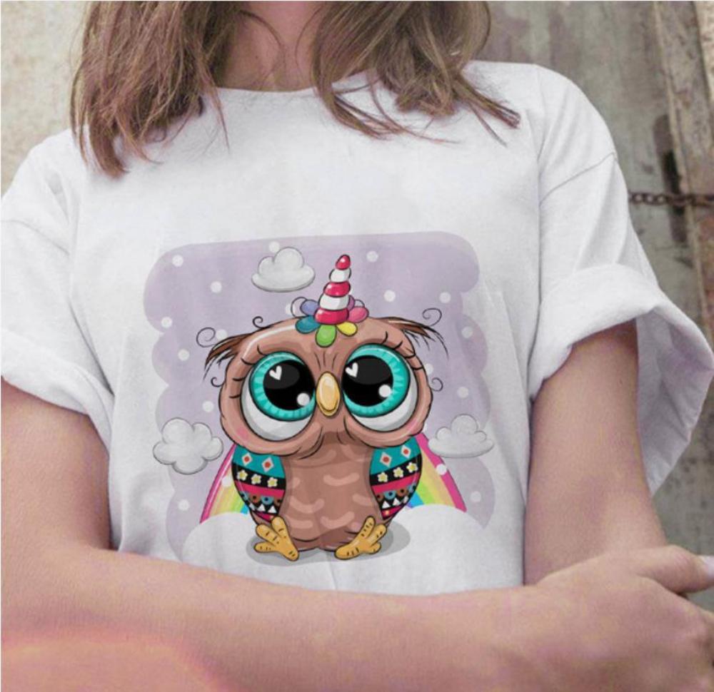 Owl Print White Tshirt Women Loose Fit Casual Tee Oversized Round Neck Harajuku Style Streetwear Daily Fashion Durable Tshirt S
