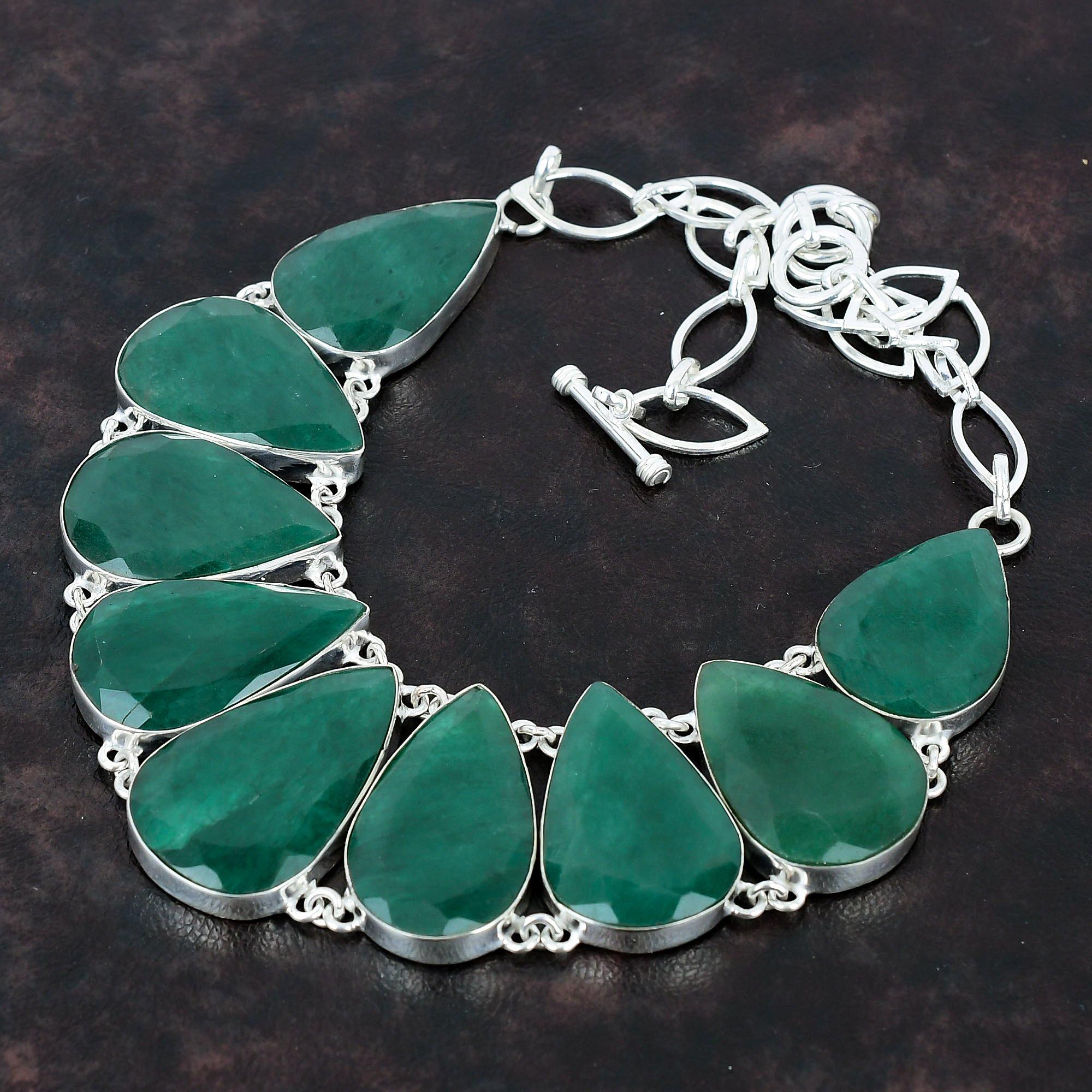 Acheter Collier d'émeraude zambien à facettes Collier en argent sterling 925 Collier de chaîne réglable Bijoux en pierres précieuses authentiques Collier fait à la main pour cadeaux