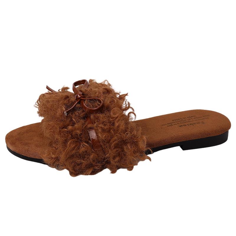 Retro Schleife Mädchen lässige flauschige Schuhe Herbst und Winter Mode vielseitige Hausschuhe einfach zu tragen bequem vielseitig Ein-Wort-Schlappen