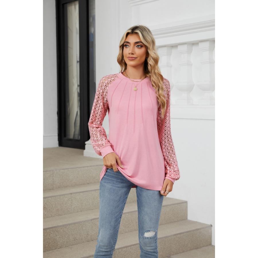 Autumn Winter Lace Patchwork Sleeves T Shirts Fashion Elegant Long Sleeves Top Women’s Round Neck Plus Size Loose T-shirt
