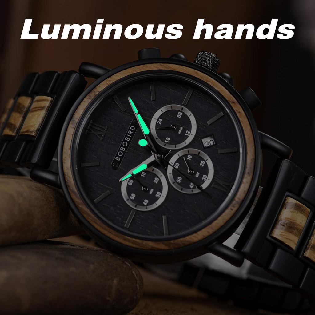 BOBO BIRD 2021 New Wooden Analog Quartz Watch with Gift Box Men's (Black)