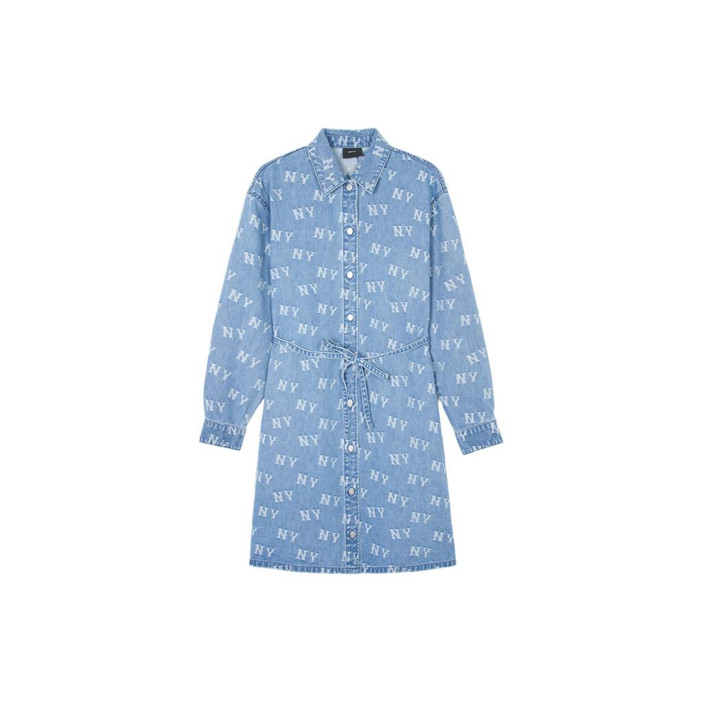 MLB New York Yankees Classic Monochrome Jacquard Denim Long Sleeve Dress Women Dress Blue 3FDDM0141-50BLL