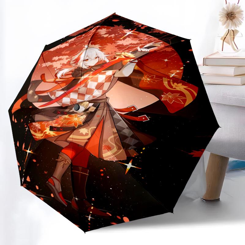 Genshin Impact characters2 Print Automatic Umbrella, 8 Rib Iron Frame, Plastic Handle, Suitable for Outdoor Travel &Daily , Ideal Gift
