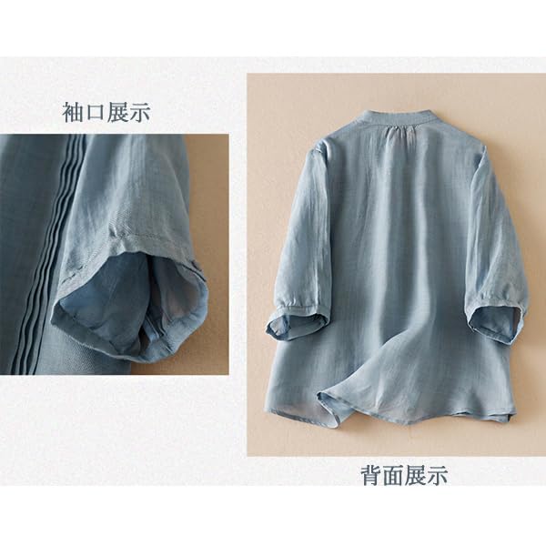 Blouse for Sleeve Cotton Thin Large Short Button Forest Everyday [Ailiyumo] Women, 5/8 Shirt, Linen, Top, Size, Summer, Plain, Length, Down, Natural,