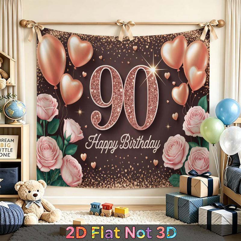 Red 90th Floral Birthday Backdrop 1pc - Polyester Party Decor