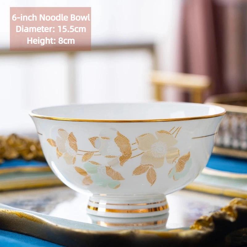 Jingdezhen Bone China Noodle Bowl – 6 Inch Heat-Resistant Footed Porcelain Bowl