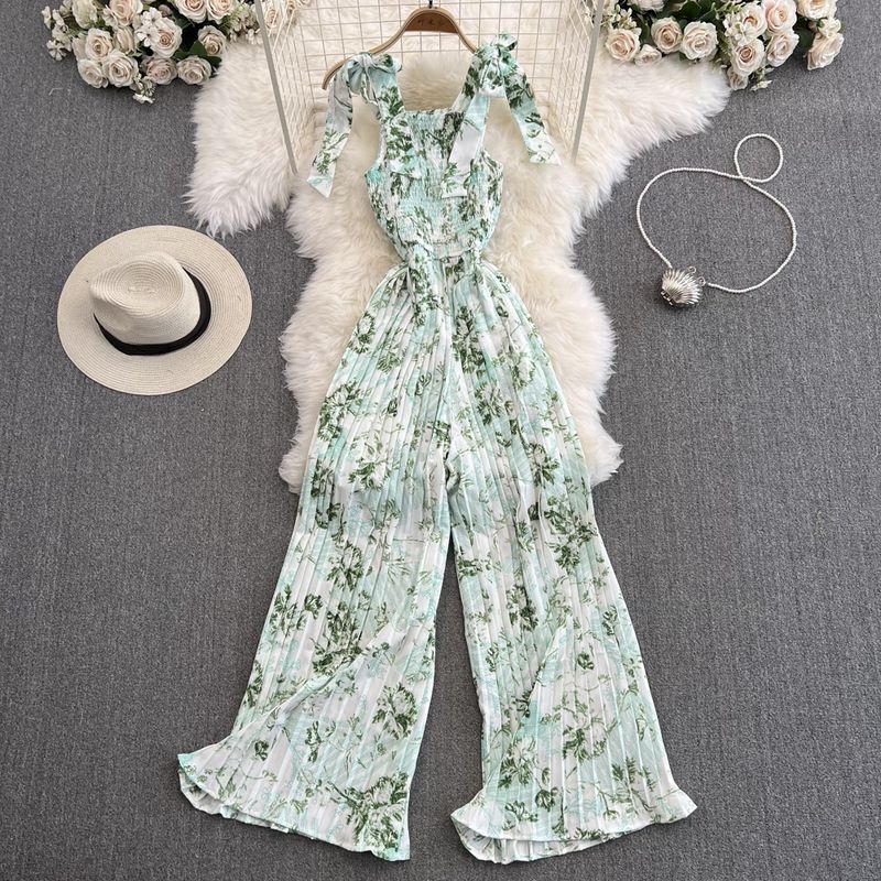 

Women s 2024 Summer New Arrival Floral Beach Jumpsuit High Waist Slim Looking Chiffon Loose Pants Pants Thin White light green Print One size
