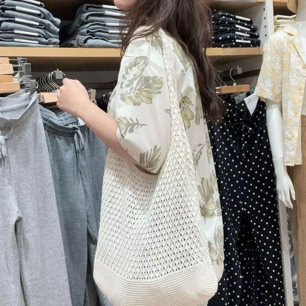 Top-handle Knitted Tote Bag Solid Color Women Crochet Handbags Big Purses Summer Beach Bag  Travel