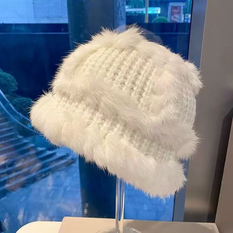 Winter Cute Fluffy Rabbit Fur Blend Bucket Hat For Big Face
