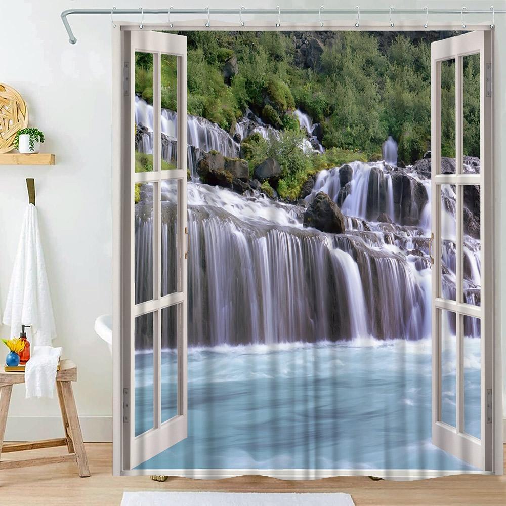 

Waterfall Shower Curtain Natural Landscape Outside Window Scenery Forest Flowing Stream Bathroom Decor Polyester Bath Curtains 90x180cm-35x70in