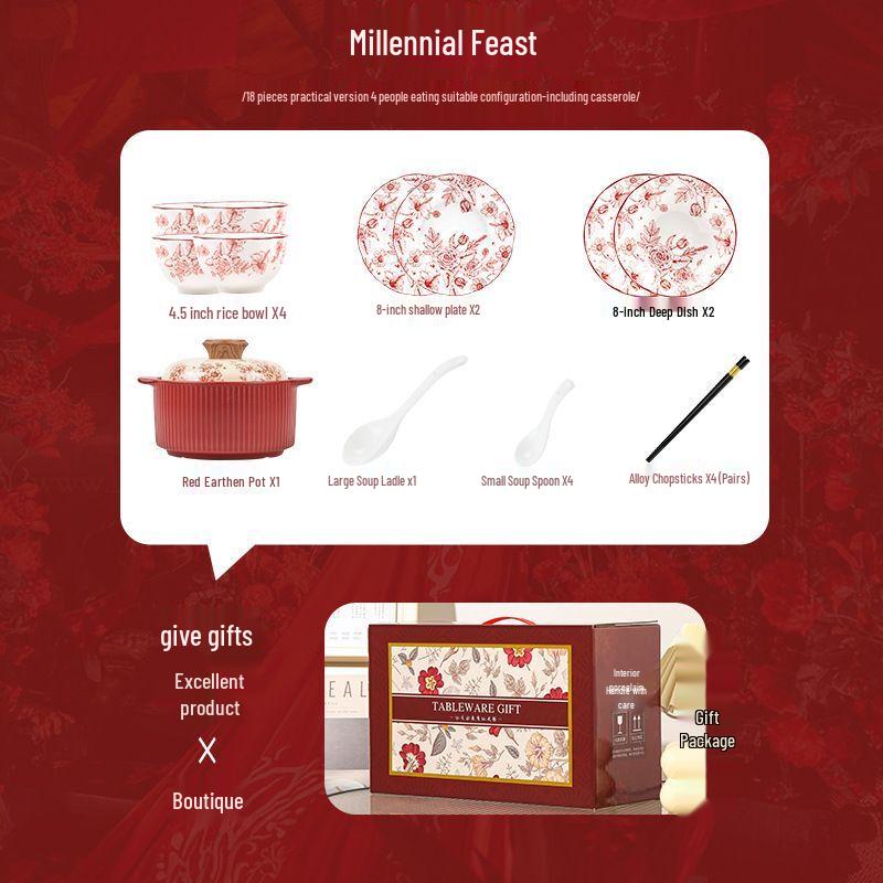 Qiu Qiao Retro Red Ceramic Dinnerware Gift Set Red Floral Gift Box Packaging