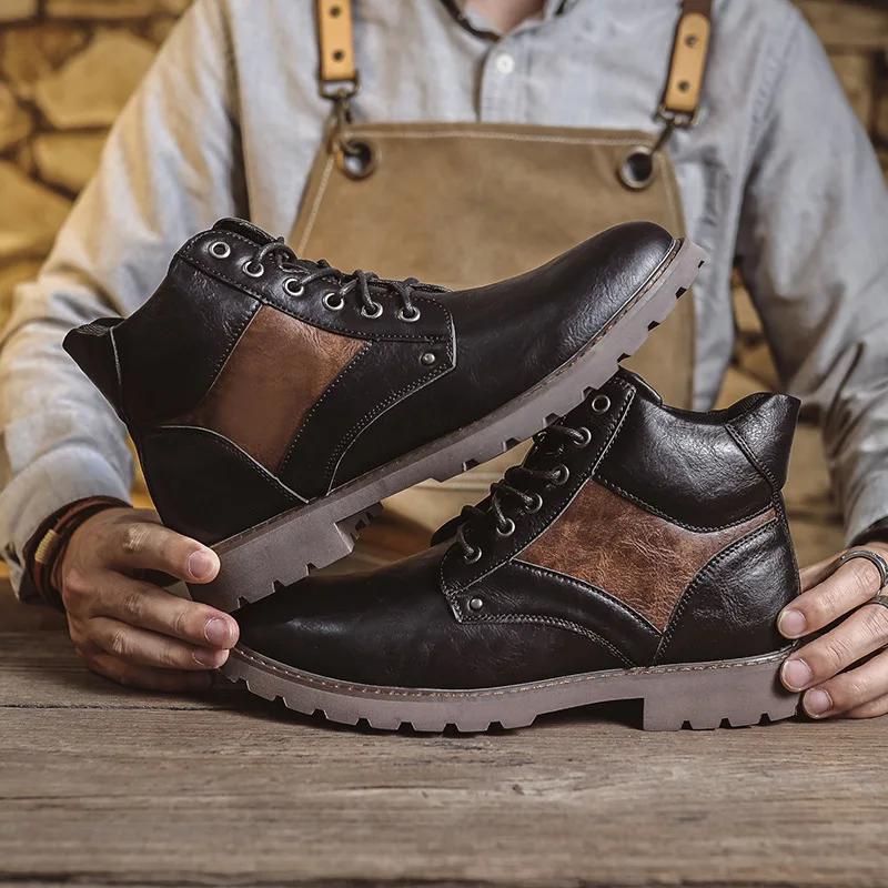 Autumn Shoes for Men Leather Boots Outdoor British Style Retro High Tops Leather Casual Shoes Winter Warm Plush Snow Boots