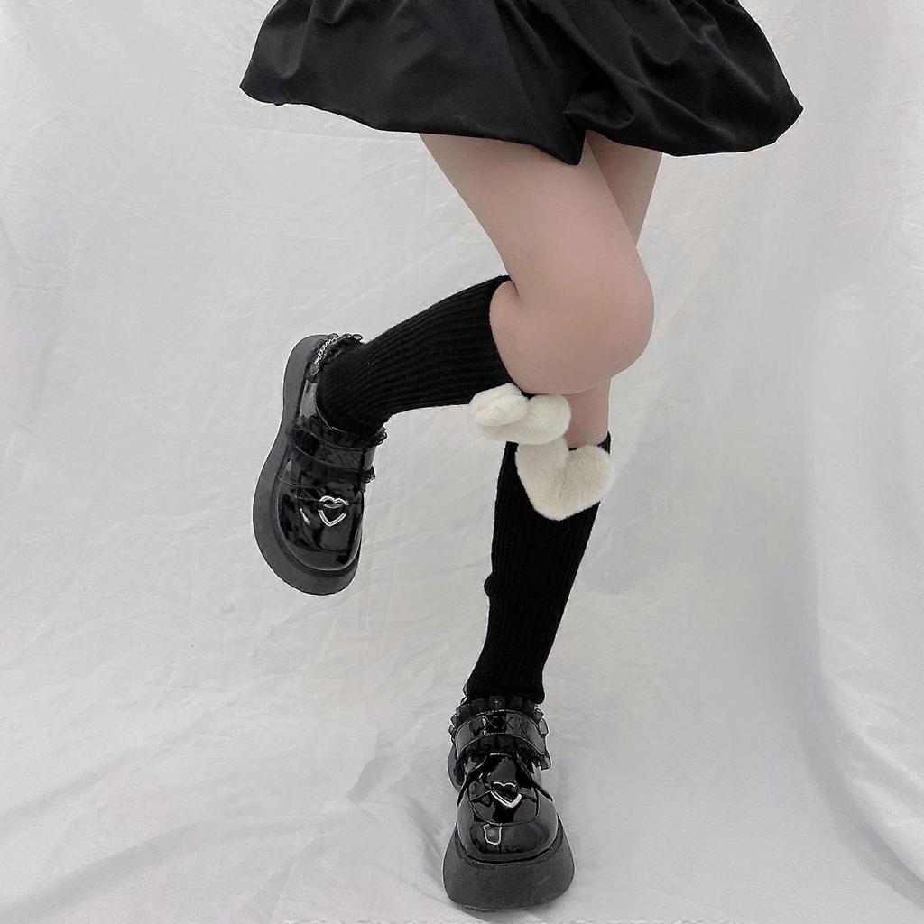 Women Winter Ribbed Knit Leg Warmers 3D Stuffed Plush Heart Crochet Boot Socks  Black heart on brown