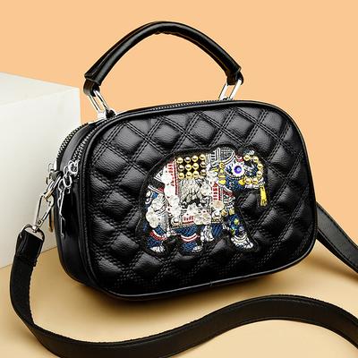 Hands On Shoulder Bag Crossbody Bag Three Layer Zipper Bag Ethnic Style Embroidered Diamond Elephant Rivet Bag