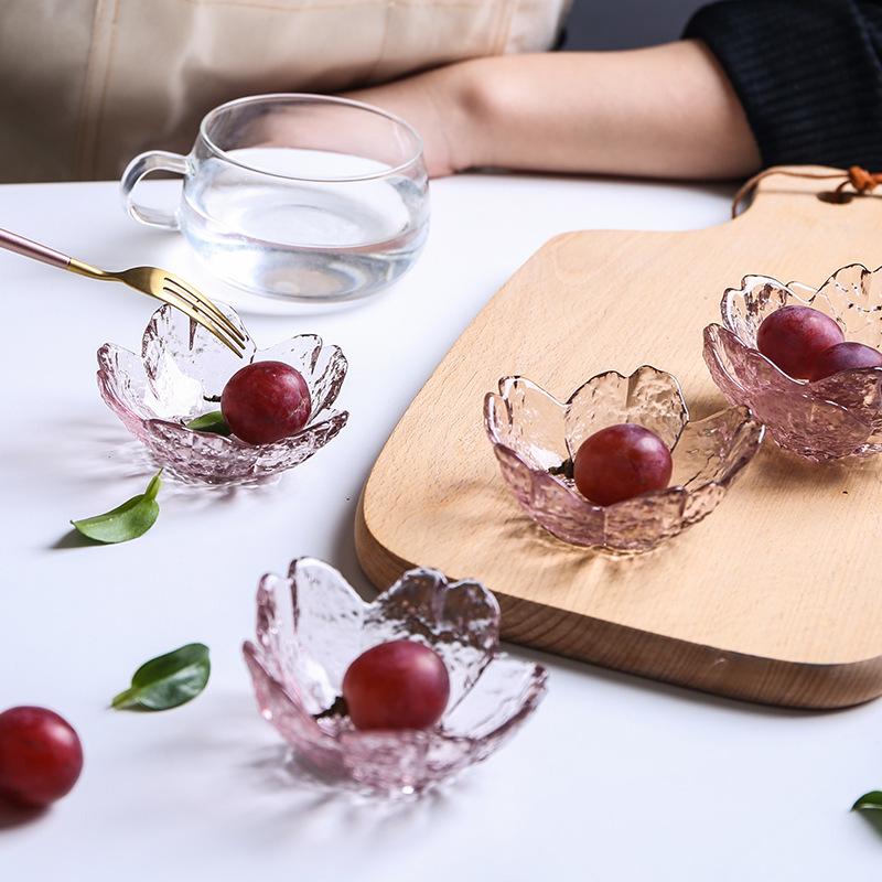 Cherry Blossom Hammered Glass Dipping Dish - Elegant Japanese Tableware for Home or Salon.