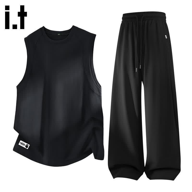 Fingercroxxit Men s Cotton Tank Top  Ice Silk Wide-Leg Pants Set L