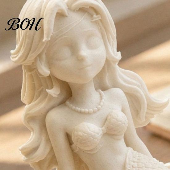 Cartoon Mermaid Figurine 3D Printed Action Figure, Dark Gothic Style with Matte Black Finish, Movable Joints Wavy Hair Design & Wide Rock Base, Decor