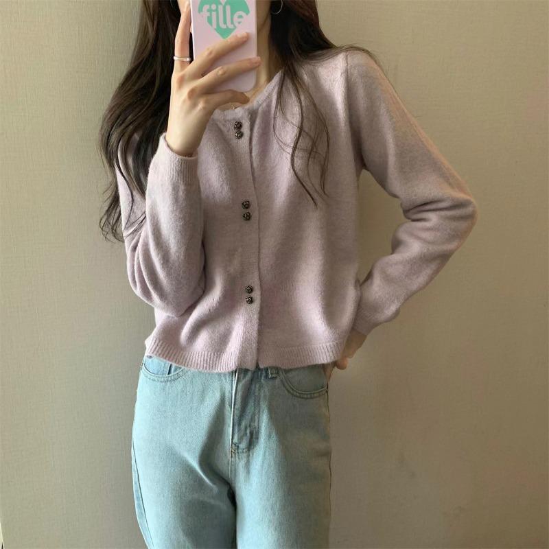 

Осень новый повседневный темперамент кардиган с длинным рукавом вязаный женский нежный ветер однотонный свободный свитер куртка one size fits all светло-фиолетовый