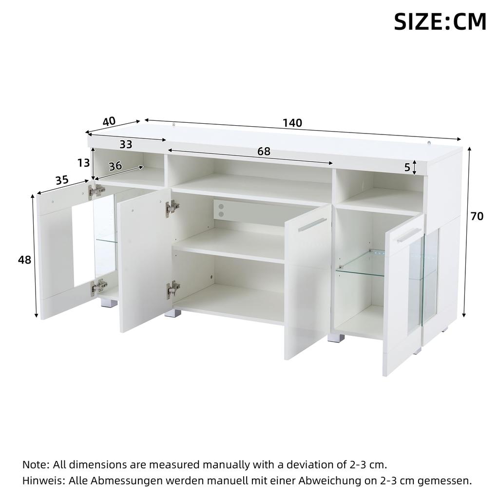 Sideboard Hochglanz Kommode Anrichte Schrank 4 Türen & Offene Staufächer, Mehrzweckschrank Glastüren, Wohnzimmer, Esszimmer, Flur, Weiß