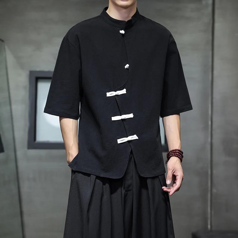 Men Linen Shirt Summer Light Thin Short Sleeved Streetwear Loose Oversize Casual Chinese Style Shirt Tang Suit Hanfu