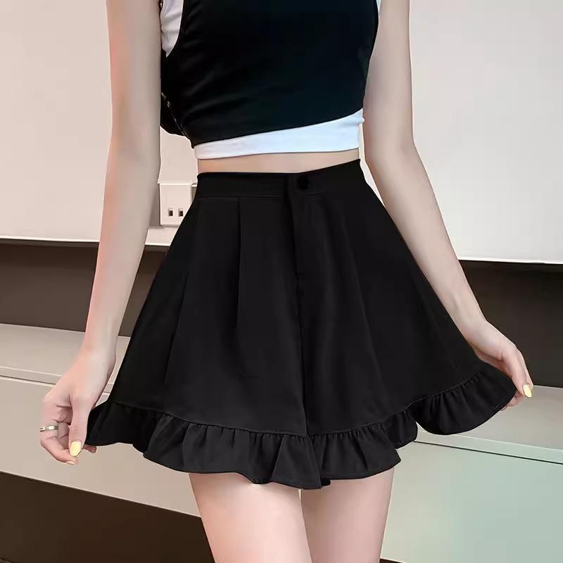 

2024 Autumn Women s High Waist Ruffle Wide Leg Slimming Casual Shorts S чёрный
