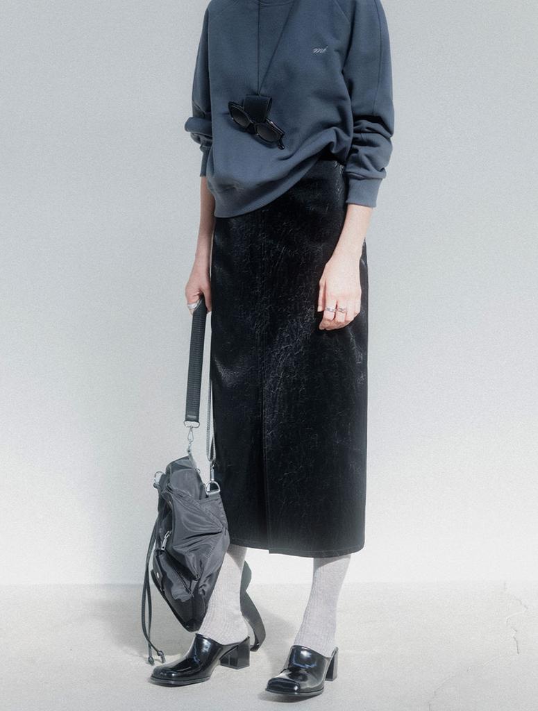 Memua Velouté Leather Long Midi Skirt (Ivory)