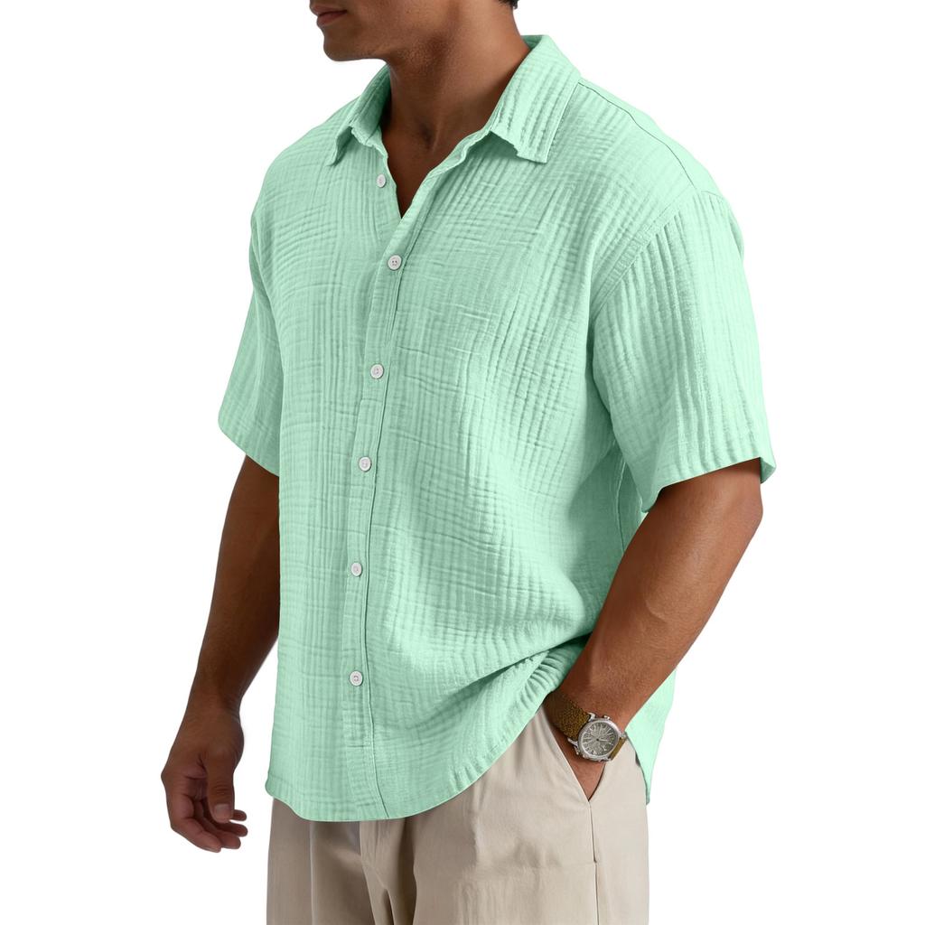 Men’s Loose Fit Casual Cotton Crinkle Texture Shirt Short Sleeve Button Down Collared Top for Everyday Wear