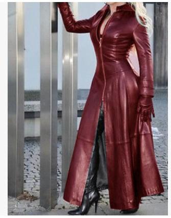 Women's Long PU Leather Coat Zip Up Stand Collar Slim Fit Long Sleeve Maxi Jacket Oversized Winter Streetwear