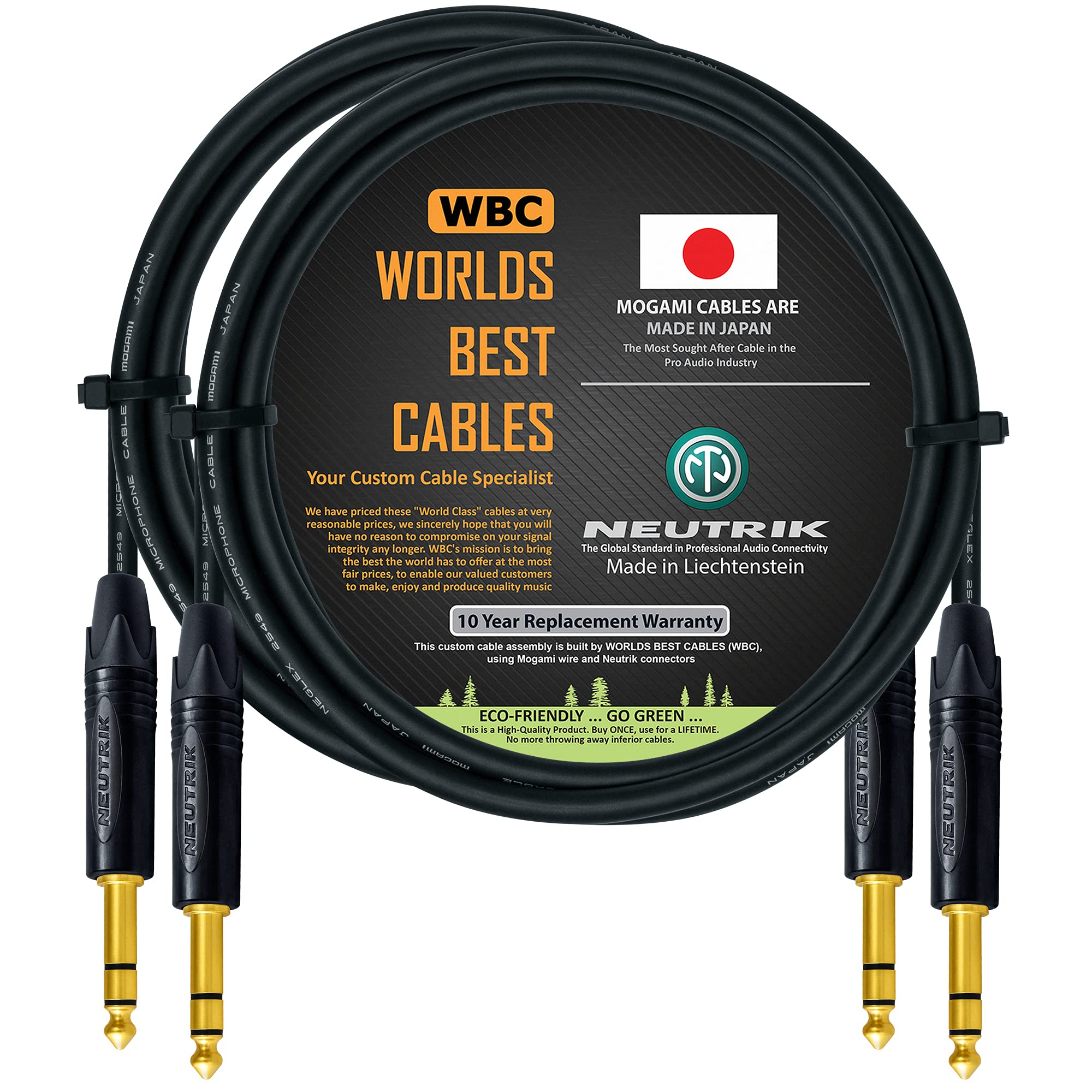 

WORLDS BEST CABLES 2 одиниці 4 фути Балансовий патч-кабель TRS Зроблений на замовлення Дріт Mogami 2549 та Позолочений стерео штекер TRS Neutrik - - - (Чорний) NP3X-B чорний