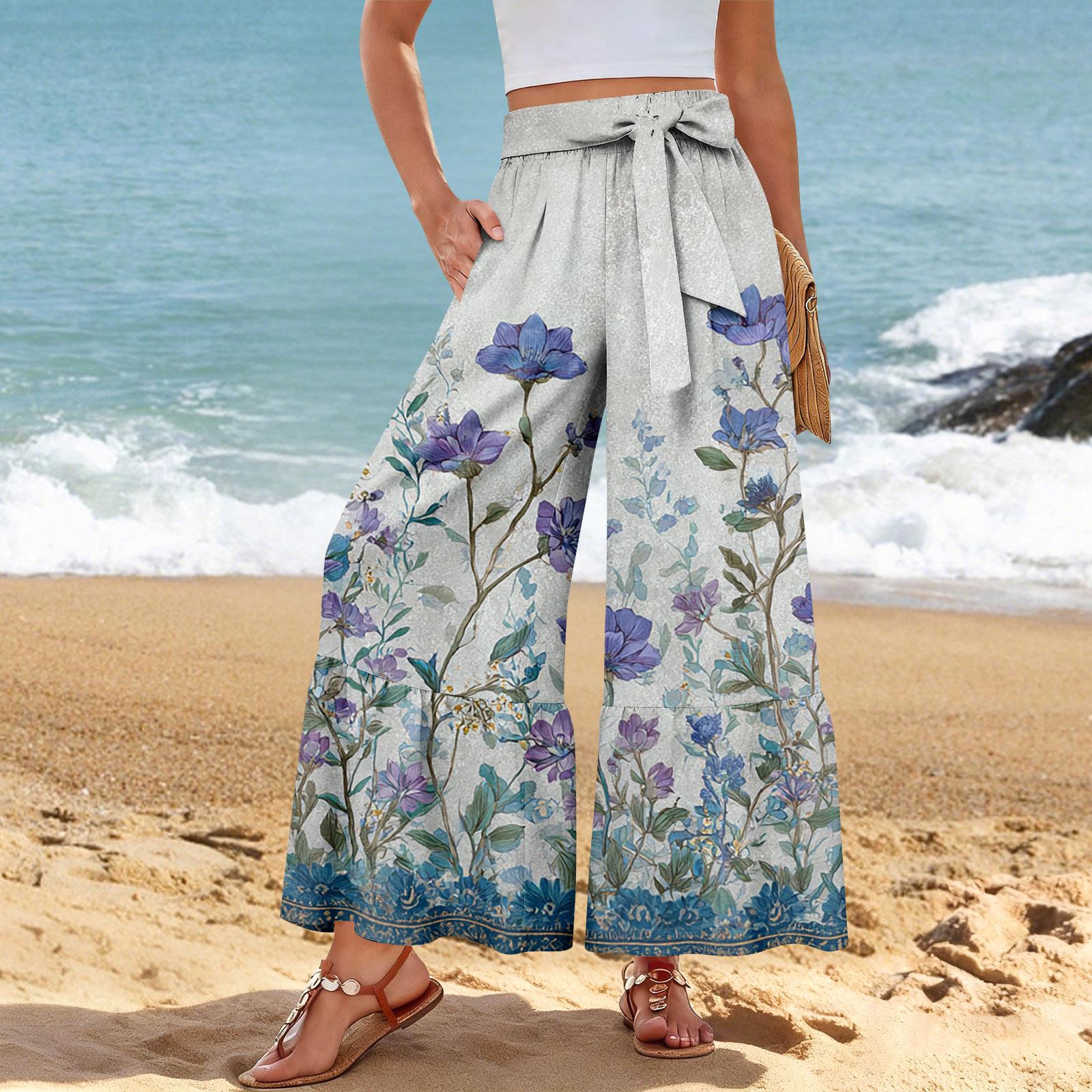 

Women s Wide-Leg Casual Pants, Stretch, High Waist, Ruffled Hem, Wide Legs, Belted, And Pockets XL