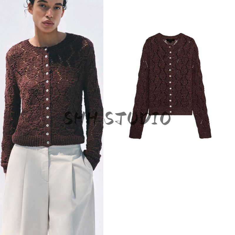 Summer New Product Women's Clothes French Single Row Multi-Buckle round Neck Long Sleeves Jacquard Mesh Knitting Outwear 9598065